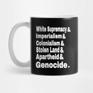 White Supremacy& Imperialism& Colonialism& Stolen Land& Apartheid& Genocide. - Front Mug